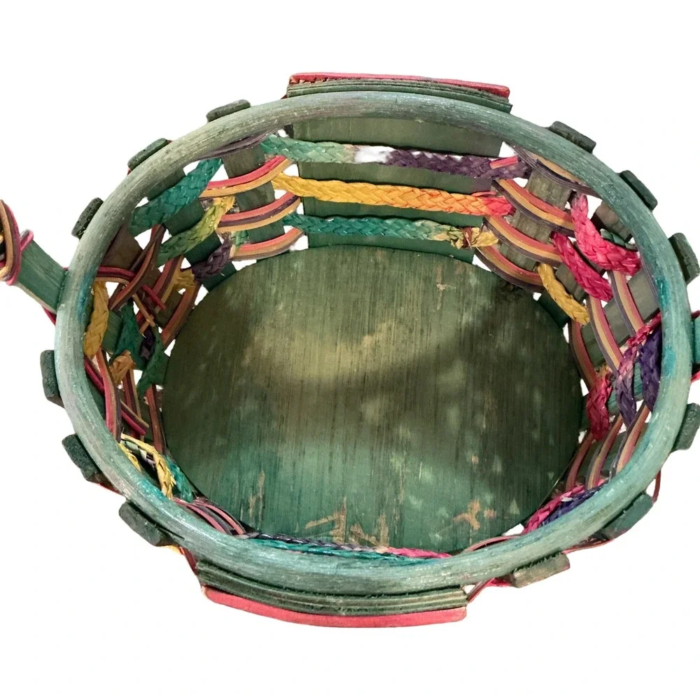 Vintage Multi Color Woven Wood Easter Basket Beaded Detail Boho Decor 13in Tall